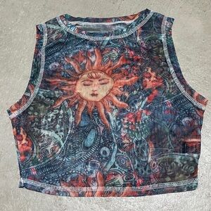 Shein Graphic Print Celestial Sun Mesh Sheer Crop Tank Top